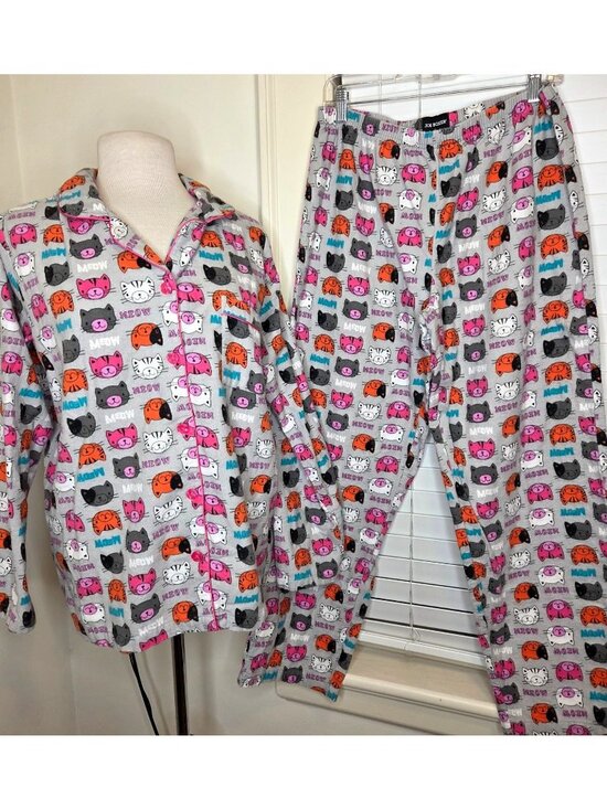 Joe Boxer Other - Joe Boxer Womens Cat Print Pajamas L Gray Button-Up Elastic Waist Pants Cotton